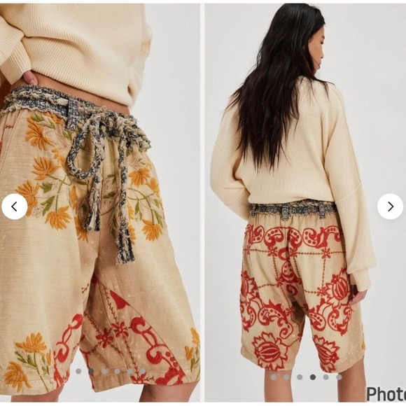 Free People Augusta Embroidered Pull On Shorts Womens Large Tie Bohemian Floral - Picture 1 of 16